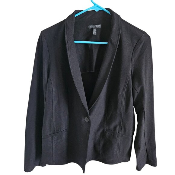 Eileen Fisher Woman Size LP Black Knit One Button Blazer Slash Pockets Designer - Picture 1 of 8